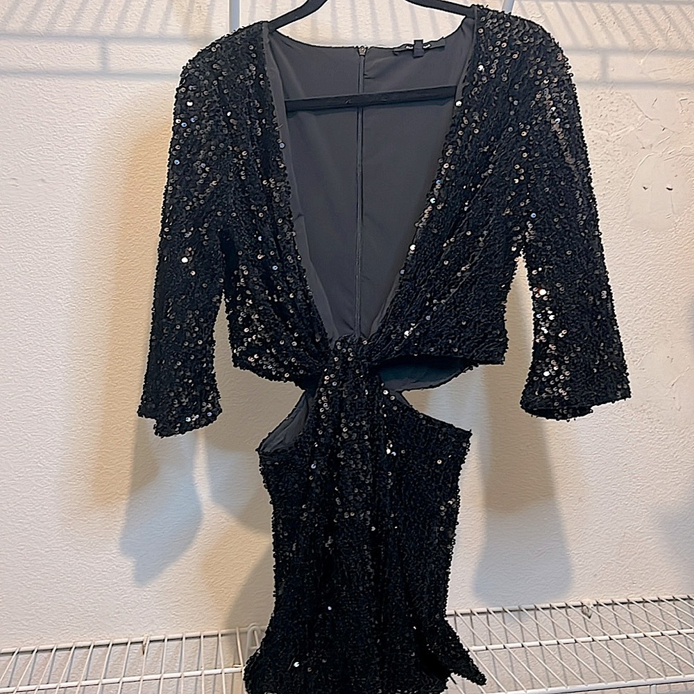 Sexy black sequined cut-out mini dress; lined; zippered; knot cinched v-neckline
